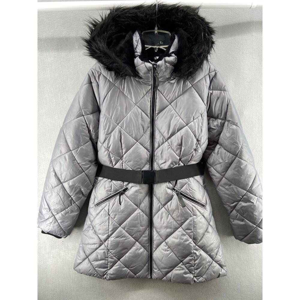 Shelby Collection‎ Coat Women's X-Large Gray Puffer Hooded Belted Warm Fur Lined